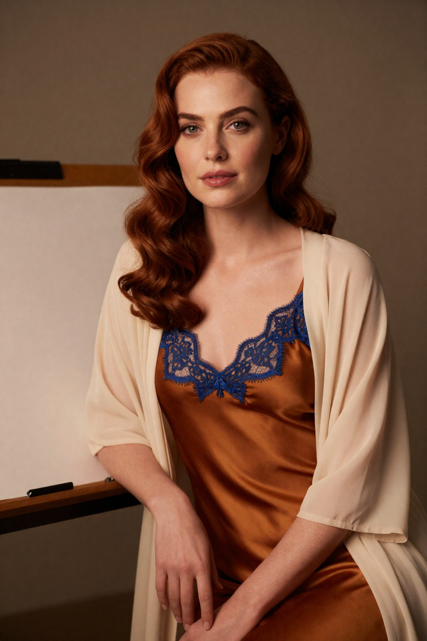 Fictional adult woman, 29 years old, auburn hair in long polished waves over one shoulder, fair